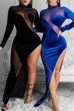 Red Fashion Sexy Patchwork Solid See-through Slit O Neck Long Sleeve Dresses
