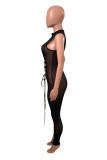 Burgundy Fashion Sexy Print Split Joint See-through Half A Turtleneck Skinny Jumpsuits
