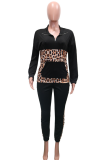 Black Casual Leopard Patchwork Turndown Collar Long Sleeve Two Pieces