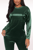 Green Casual Solid Split Joint O Neck Long Sleeve Two Pieces