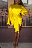 Yellow Fashion Sexy Party Polyester Satin Solid Basic Knotted O Neck Long Sleeve Knee Length Pencil Skirt Dresses