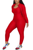 rose red Sexy Active Polyester Solid Three-Piece Suits Turndown Collar Long Sleeve Cap Sleeve Regular Two Pieces