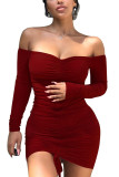 Wine Red Polyester Fashion Sexy Europe and America Off The Shoulder Long Sleeves One word collar Sheath skirt Solid Draped Dresses
