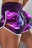 Blue Casual Sportswear Print Patchwork Skinny High Waist Shorts
