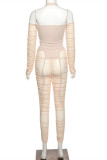 White Fashion Sexy Patchwork Solid See-through Asymmetrical Halter Long Sleeve Two Pieces