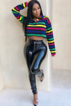 Multi-color Cotton Turndown Collar Long Sleeve Print Striped Patchwork Long Sleeve Tops