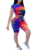 White Polyester Fashion Casual adult Ma'am Tie Dye Two Piece Suits HOLLOWED OUT pencil Short Sleeve Two Pieces