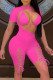 Rose Red Fashion Sexy Solid Hollowed Out Strap Design O Neck Short Sleeve Two Pieces