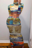 Multicolor Casual Print Patchwork Half A Turtleneck Long Sleeve Two Pieces
