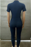 Dark Blue Sexy zipper Solid Polyester Short Sleeve O Neck Jumpsuits
