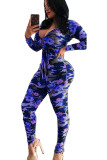 Blue Sexy Print Long Sleeve O Neck Jumpsuits