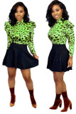 Green Casual Print ruffle Two Piece Suits A-line skirt Long Sleeve Two-Piece Dress