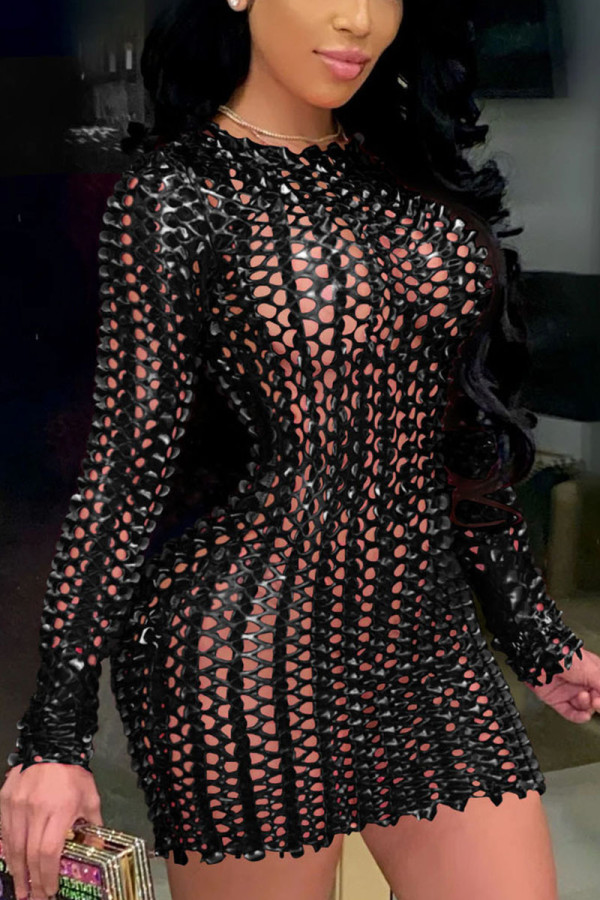 Black Sexy Solid Hollowed Out Patchwork O Neck Pencil Skirt Dresses