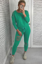 Light Green Polyester Elastic Fly Long Sleeve Mid Beading Hole Straight Pants Two-piece suit