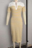 Grey Sexy Striped Patchwork V Neck A Line Dresses