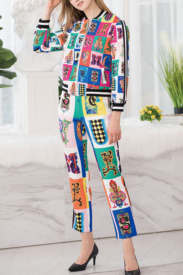 Multi-color Elastic Fly Mid Print Patchwork pencil Pants Two-piece suit