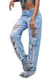 Light Blue Denim Button Fly Mid Patchwork Solid Hole washing Old Loose Pants Bottoms