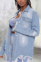 Light Blue Sexy Solid Ripped Make Old Turndown Collar Outerwear