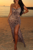 Leopard Print Sexy Leopard High Opening Mesh Spaghetti Strap Irregular Dress Dresses