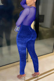 Color Blue Sexy Solid Patchwork O Neck Skinny Jumpsuits