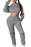 Red Sexy Solid Ripped Split Joint Backless Hooded Collar Long Sleeve Regular Sleeve Short Two Pieces
