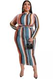 Stripe Polyester Fashion adult Sexy O Neck Bandage Patchwork Striped Print Stripe Plus Size Dresses