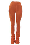 Orange Casual Solid Pocket Fold Boot Cut Patchwork Bottoms