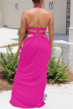 Rose Red Fashion Sexy Solid Hollowed Out Backless Slit Halter Sleeveless Dress