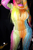 Colour Sexy Patchwork Hollowed Out O Neck Skinny Jumpsuits