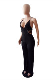 Black Fashion Sexy Solid Backless Strap Design Spaghetti Strap Regular Jumpsuits