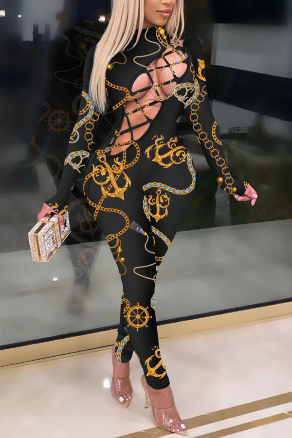 Black Sexy Print Bandage Mandarin Collar Skinny Jumpsuits