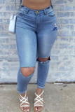 Light Blue Fashion Casual Butterfly Print Ripped Regular Jeans