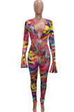 colour Fashion Sexy Adult Print Hollowed Out V Neck Skinny Jumpsuits