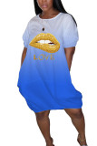Blue Cute Bubble sleeves Short Sleeves O neck Straight Mini Print lip Dresses