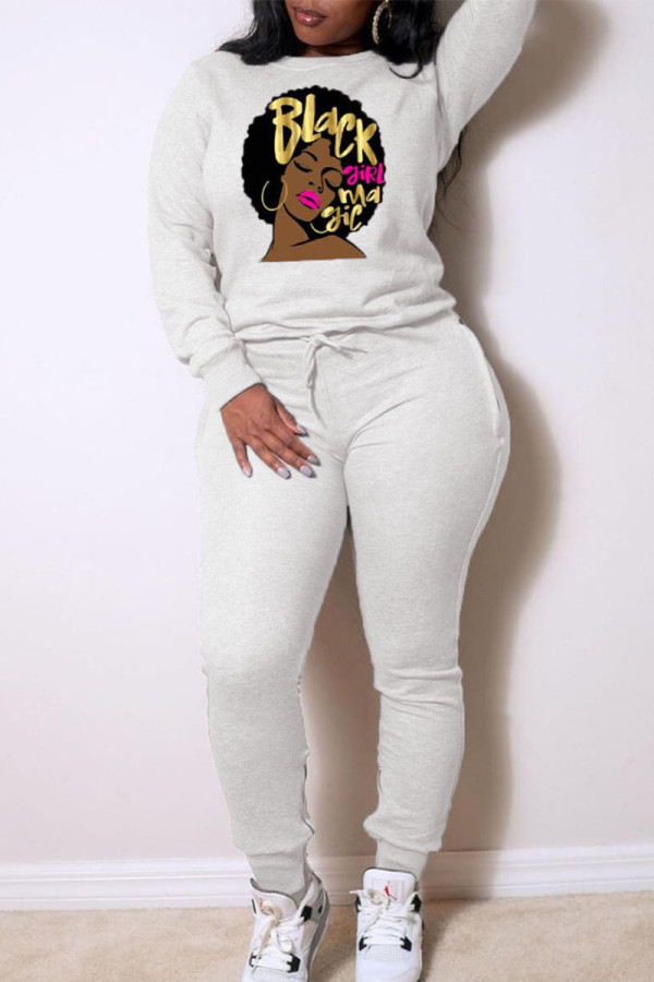 Grey Sexy Print Patchwork O Neck Long Sleeve Two Pieces