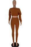 Brown Polyester Fashion adult Sexy Two Piece Suits Solid Patchwork pencil Long Sleeve Two-piece Pants Set