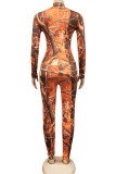 Yellow Casual Print O Neck Regular Jumpsuits