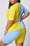 Yellow and blue Polyester Fashion Casual adult Ma'am O Neck Patchwork Solid contrast color Two Piece Suits Stitching Plus Size
