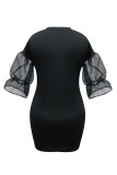 Black Fashion Casual Letter Print Split Joint O Neck Long Sleeve Plus Size Dress
