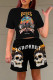Black Fashion Casual Print Basic O Neck Short Sleeve Two Pieces