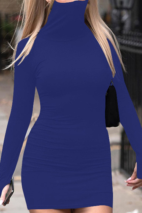 Blue Elegant Solid Patchwork Turtleneck Pencil Skirt Dresses