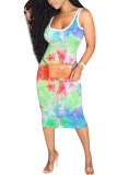 Multi-color Polyester Fashion adult Street White Multi-color multicolor Off The Shoulder Sleeveless Slip Step Skirt Knee-Length Print Patchwork Animal Tie and dye lip Dresses