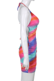 Multi-color Sexy Print Draw String Halter Pencil Skirt Dresses