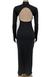 Black Fashion Sexy Adult Polyester Solid Backless O Neck Long Sleeve Ankle Length Pencil Skirt Dresses