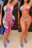 Blue Sexy Patchwork Tie-dye Swimwears