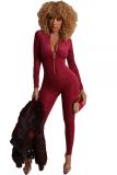 Wine Red Sexy Fashion Solid zipper Patchwork Long Sleeve O Neck Jumpsuits