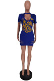 Blue Fashion Sexy Print Ripped Hollowed Out O Neck Short Sleeve Dress
