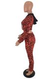 Red Polyester adult Casual Fashion Print asymmetrical Patchwork Two Piece Suits Leopard Straight Long Sl