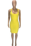 Grey Polyester Fashion Casual Grey Green Yellow Spaghetti Strap Sleeveless O neck Step Skirt skirt Solid Dresses