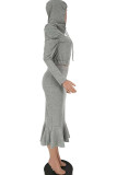 Grey Polyester Sexy Solid Two Piece Suits Hip skirt Long Sleeve